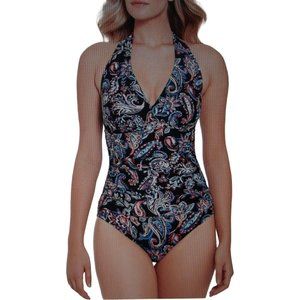 Time & Tru Missy Medium One Piece Swimsuit black blue pink paisley halter v-neck
